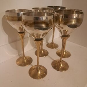Vtg MCM Silver Plated/ Brass Two Tone  Wine Goblets Set Of 6 Made In India